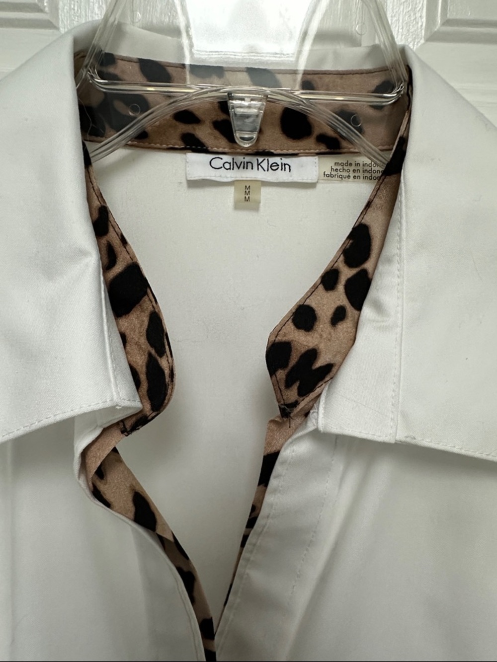 Calvin Klein White Button-Up Shirt with Leopard Trim Accent - Picture 3 of 7
